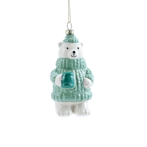 Polar bear Christmas ornament in mint green knit sweater with gold hanging string