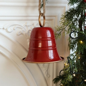 Grande campana di Natale in metallo rosso con dettagli dorati e corda di canapa rustica