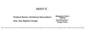 Detail specifications of felt and plastic Christmas tree ornaments with size info