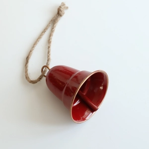 Campana di Natale in ferro rosso scuro con corda di canapa rustica e dettagli in metallo
