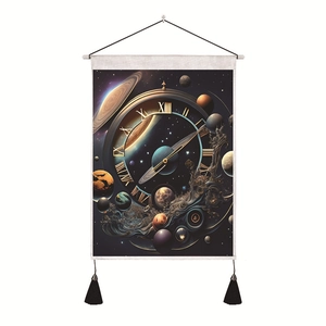 Detail of star galaxy tapestry with Roman numeral clock, hanging rod, and black tassels