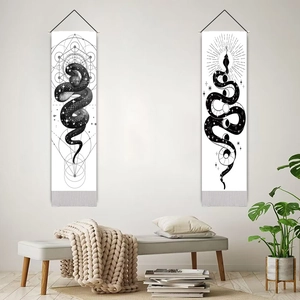 Modern lunar phase snake tapestry set for minimalist wall decor in black and white tones