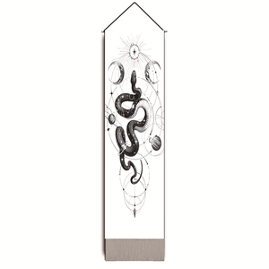 Minimalist moon phase snake tapestry with celestial stars and vertical scroll hanging cord
