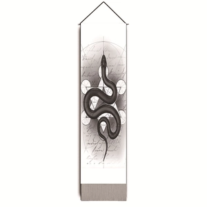 Detailed view of snake tapestry featuring sacred geometry and artistic calligraphy