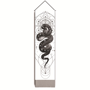Detailed view of snake wall hanging with black serpent and geometric circle patterns
