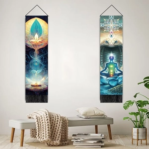 Vertical wall tapestry set with yoga meditation art and decorative black tassels