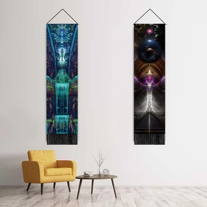 Vertical wall tapestry set with mystic nature and cosmic themes featuring black tassels