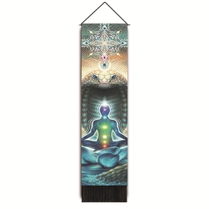 Vertical meditation tapestry with chakra mandala, cobra and black tassels for wall decor