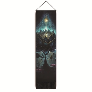 Detailed view of meditation wall tapestry with black lotus and mystic starry nebula design