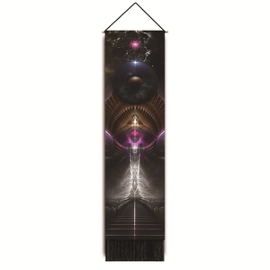 Detailed shot of vertical meditation tapestry featuring cosmic prints and black tassels