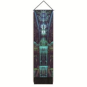 Detailed close-up of a meditation tapestry with psychedelic forest patterns and black tassels