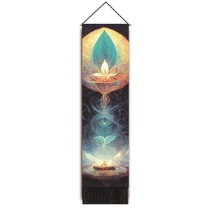 Macro detail of meditation wall tapestry with lotus art, black rod and fringe tassels