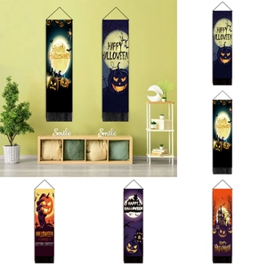 Arazzo Halloween Poliestere Rotolo Parete Verticale Con Nappa Asta Legno Zucca Fantasma Casa Stregata Decorazione