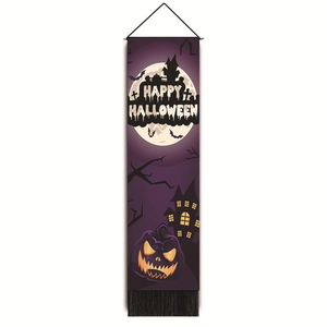 Dettaglio banner di Halloween con motivo a zucca viola e nappe decorative nella parte bassa