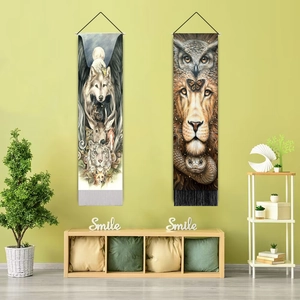 Vertical wall tapestries with animal art motifs and decorative fringe for living room