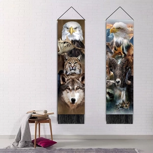 Vertical wall tapestry with wildlife animal portraits and black tassels for home decor