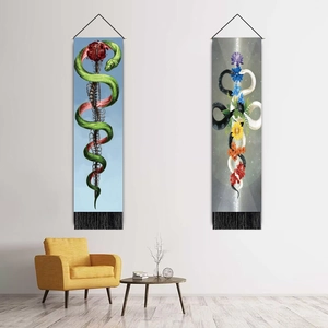 Hanging scroll tapestry with mystical snake and chakra floral art for living room decor