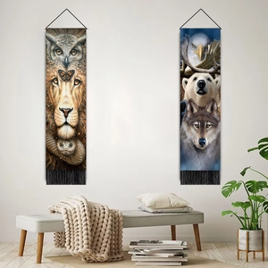 Artistic animal totem wall tapestries with owls, lions, and wolves with black tassels