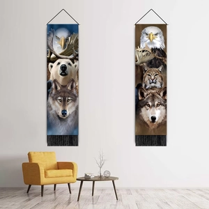 Vertical wall tapestry set featuring eagle, wolf, and bear motifs with black tassels
