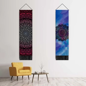 Symmetric set of mandala wall tapestries with tassels in a modern living room decor