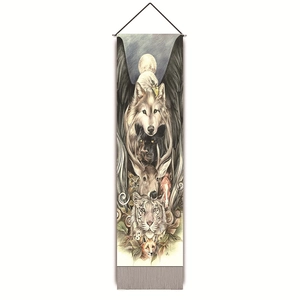 Vertical animal totem wall scroll featuring detailed wolf, tiger, and eagle illustrations