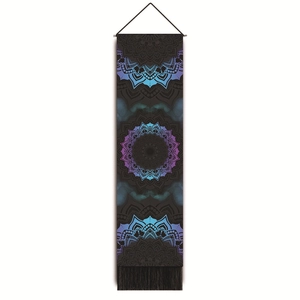 Vertical wall tapestry with blue purple mandala patterns and decorative black tassels