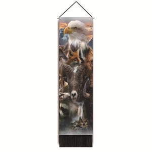 Close-up of animal totem wall tapestry featuring eagle and fox with brown tassel detail