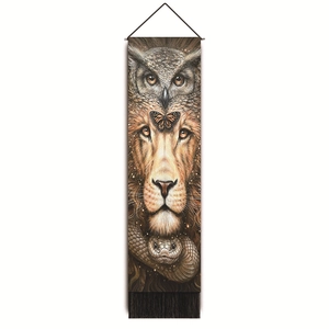 Detailed tapestry with owl, lion, and snake totem print and black hanging tassels