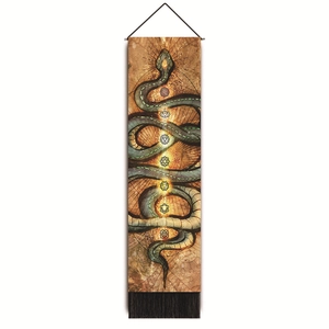 Detailed texture of snake tapestry with seven chakra symbols and black silk tassels