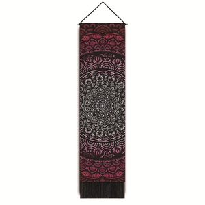 Vertical mandala tapestry with dark purple gradient pattern and black fringe accents