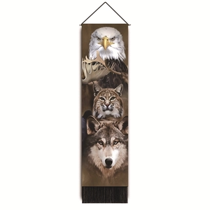 Detailed tapestry showing eagle, lynx and wolf realistic portraits with black tassels