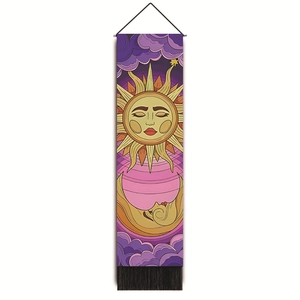 Detail of mandala sun tapestry with purple clouds, hanging rod, and black fringe tassels