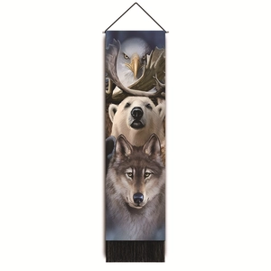 Detailed view of animal tapestry showing realistic eagle, polar bear and wolf motifs