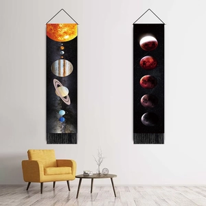Minimalist solar system and moon phase wall hanging tapestries with black tassels