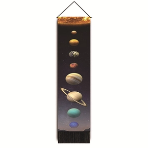 Vertical solar system wall tapestry with sun, planets, black hanging rod, and tassels