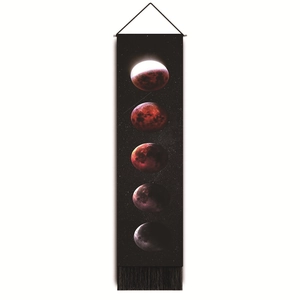 Vertical lunar eclipse tapestry with five phases and black fringe on white backdrop