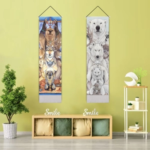Detailed view of forest and arctic animal wall tapestries on a fresh green wall