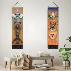Forest animals and spiritual lion wall hanging tapestries with black tassels for living room
