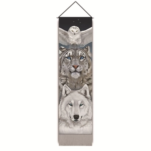 Detailed wall tapestry featuring realistic owls, leopards, and wolves on starry background