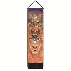 Vertical wall tapestry with animal totem illustrations and black decorative tassels