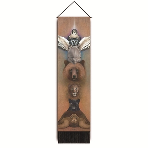 Vertical animal totem tapestry featuring falcon, owl, bear and lion with black tassels