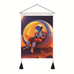 Space astronaut wall tapestry with wooden rod and black tassels for living room decor