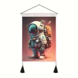 Close-up of astronaut wall tapestry with detailed sci-fi illustration and black tassels