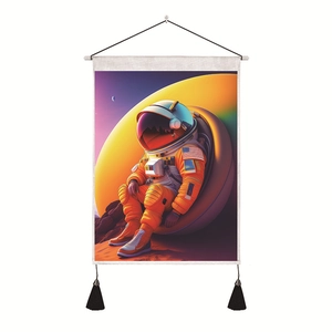 Detail of cyberpunk astronaut tapestry with wooden hanging rod and black bottom tassels