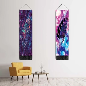Bohemian colorful feather tapestries with star background and long black fringe tassels
