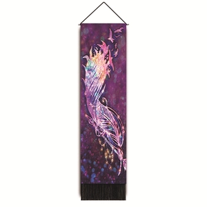 Wall hanging tapestry with colorful feather design on purple galaxy background and tassels