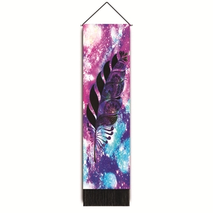 Detail of colorful feather tapestry with mandala pattern, starry nebula background, and tassels