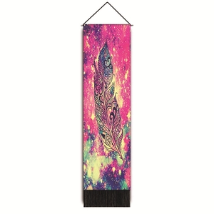 Detailed mandala feather wall tapestry with vibrant galaxy colors and black tassels decor