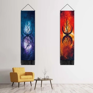 Artistic shadow tree and dark mushroom wall tapestries with tassels in a living room setting