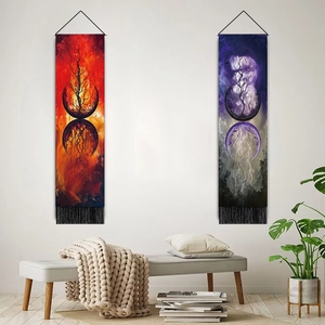 Tapestry set with mystical tree and celestial mushrooms featuring elegant black tassels
